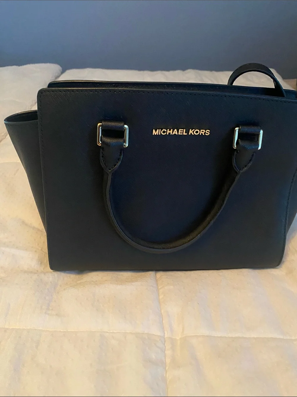 Michael Kors Black Saffiano Satchel with Gold Logo